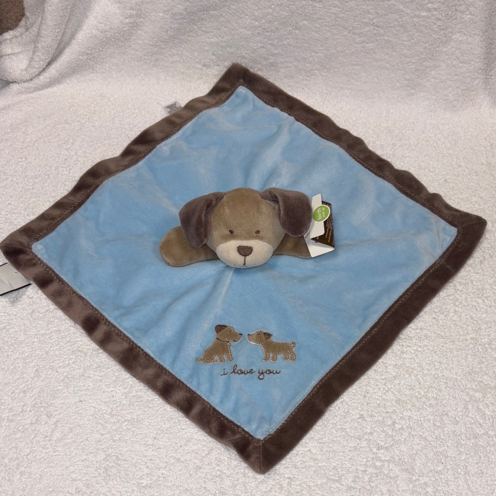 NWT Carter's Blue and Brown Plush Puppy Blanket “I love you” satin
